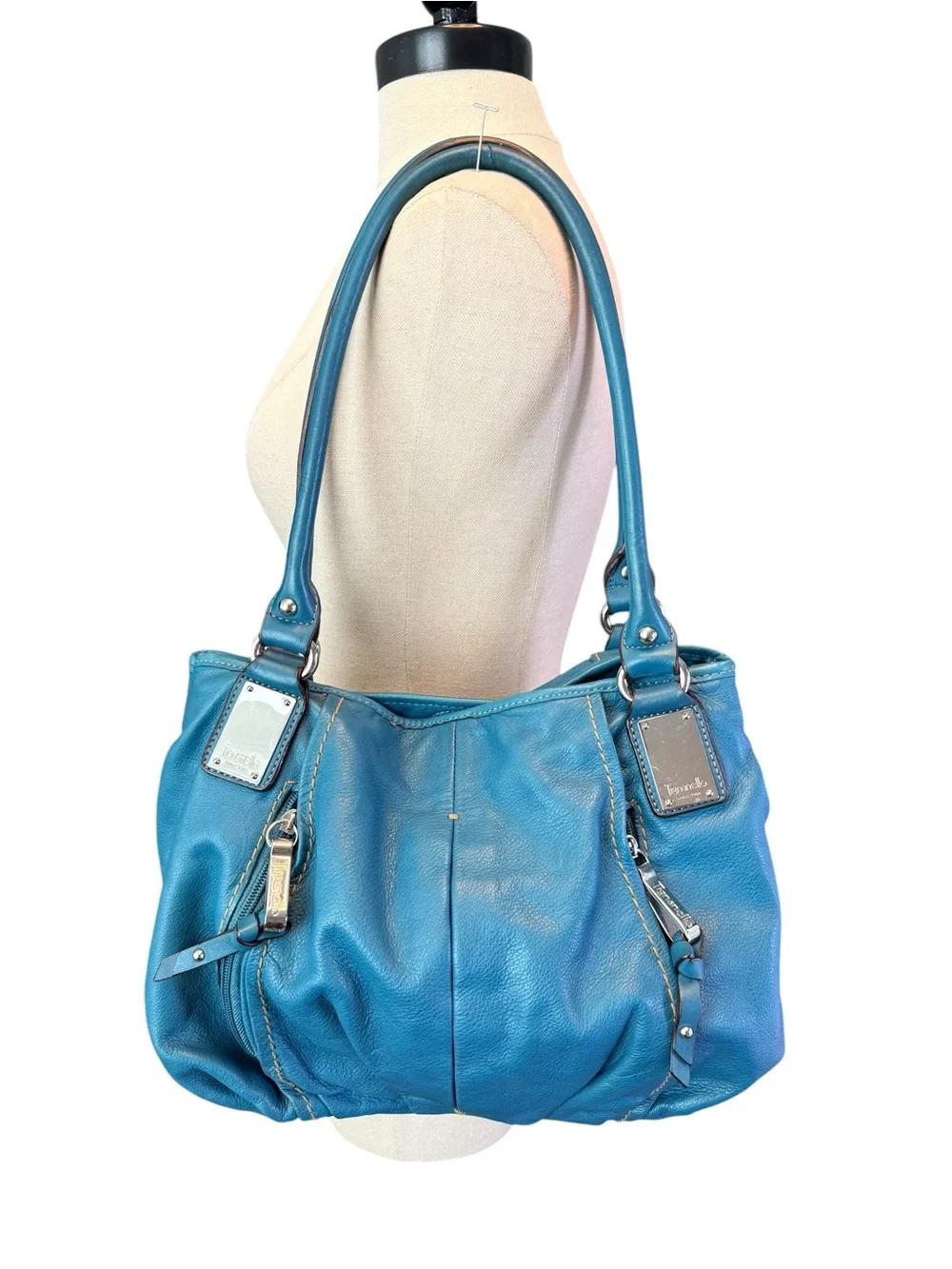 Tignanello Teal Blue Leather Shoulder Bag Silver Hardware Large Hobo Purse